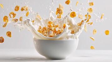 A bowl of cereal is being splashed with milk photo