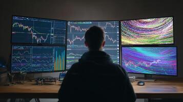 A man sitting at a desk with three screens showing different stock market graphs photo