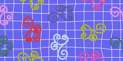 Seamless pattern with colorful embroidery motifs on a blue checkered background. Bright retro texture with swirls. For kids textile, wallpaper, or scrapbooking vector