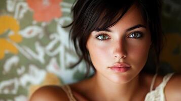 A beautiful young woman with brown eyes and a white top photo