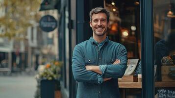 A smiling man standing in front of a coffee shop photo