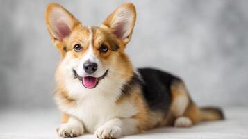 A corgi dog is sitting on the floor photo