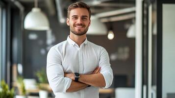 A man in a white shirt standing in an office photo