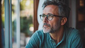 A man with glasses looking out the window photo