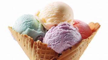 A waffle cone with four scoops of ice cream photo