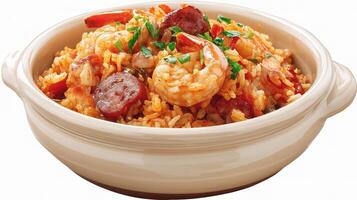 A bowl of rice and shrimp with sausage photo