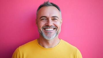 A man with a beard and a yellow shirt smiles at the camera photo