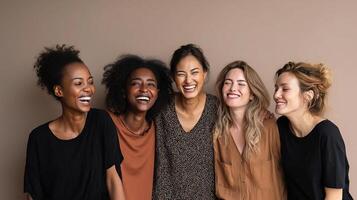 Five women laughing together in a group photo