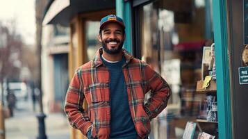 A smiling man standing outside of a bookstore photo