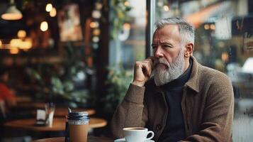 An older man with a beard sitting at a table with a cup of coffee photo