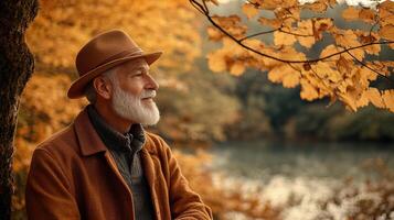 An older man with a beard and hat standing near a lake photo