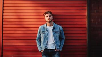A man in a denim jacket standing in front of a red wall photo