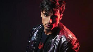 A man in a leather jacket and black shirt photo