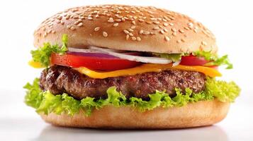 A hamburger with lettuce, tomato, onion and cheese photo