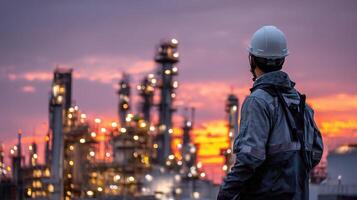 A man in a hard hat looking at an oil refinery photo