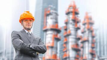 A man in a suit and hard hat standing in front of a refinery photo