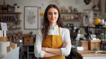 A woman in an apron standing in a coffee shop photo