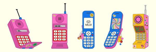 Set of various retro mobile phones covered in eye-catching stickers highlights unique designs and nostalgic charm, capturing the fun aesthetics prevalent in the 90s and early 2000s. vector