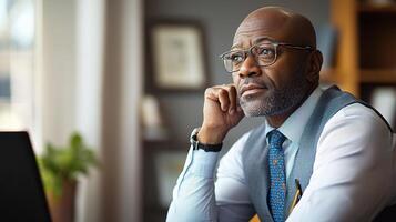 A man in glasses and a vest is sitting at a desk photo