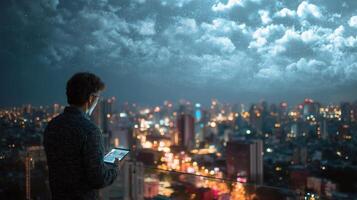 A man using a tablet computer in front of a city at night photo
