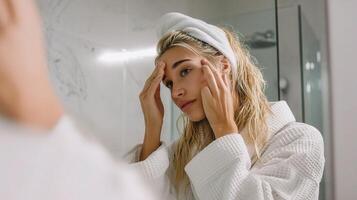 A woman in a bathrobe is looking in the mirror photo