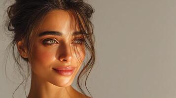 A woman with brown eyes and a messy bun photo