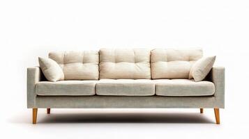 A couch with a white background and wooden legs photo