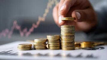 A person is placing a stack of coins on top of a chart photo