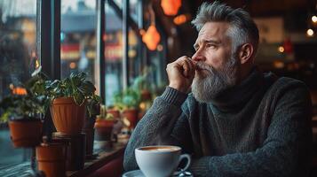 A man with a beard and a cup of coffee photo