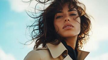 A woman in a trench coat looking up at the sky photo