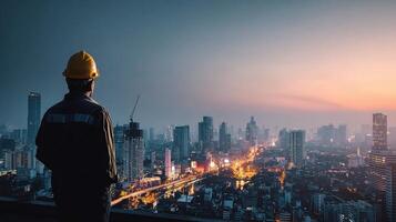 A man in a hard hat looking at the city at sunset photo