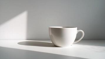 A white coffee cup sitting on a table photo