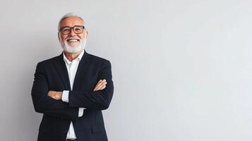 A man with a beard and glasses standing with his arms crossed photo