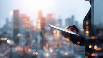 A person holding a tablet computer in front of a cityscape photo
