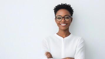 A beautiful young black woman with glasses standing in front of a white wall photo