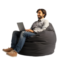 Smiling Man Using Laptop on Beanbag Chair Side View on Transparent Background png