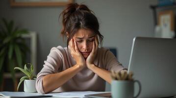 Young woman looking stressed while working on laptop in home office, hands on face, feeling overwhelmed. Concept of burnout and work stress Concept burnout photo