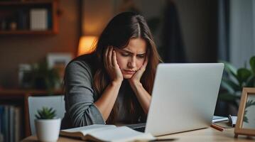 Young woman looking frustrated while working on laptop at home, hands on face, book open on desk, cozy dimly lit background, stress, burnout concept photo