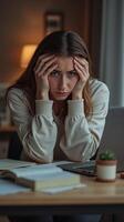 Young woman looking stressed while studying with books and laptop on a desk, in a cozy indoor setting with warm lighting, concept of anxiety, Concept burnout photo