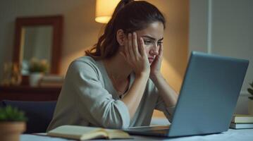 Young woman sitting at a desk, looking stressed, burnout while staring at a laptop screen in a dimly lit room. Concept of work stress and fatigue photo