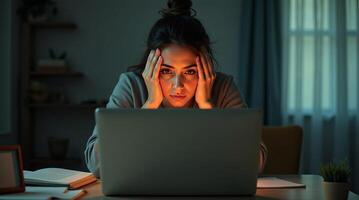 Young woman sitting at desk, burnout, stressed, staring at laptop screen in dimly lit room. Evening work, exhaustion, burnout, remote work challenges photo