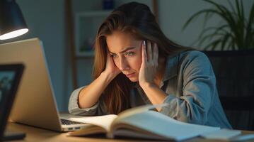 Young woman looking stressed burnout while studying late at night with a laptop and books on a desk, under warm lamp light, in a cozy home setting photo