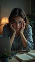 Young woman in a dimly lit room, stressed burnout and tired, sitting at a desk with a laptop and books. Concept of work fatigue and burnout photo
