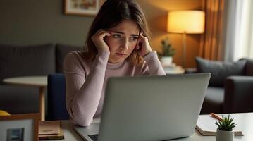 Young woman in a pink sweater looks stressed while working on a laptop at home. A cozy indoor setting with warm lighting and a modern interior. Concept of remote work challenges burnout photo
