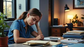 Young woman in a blue shirt stressed while working at a cluttered desk with paperwork in a cozy, warmly lit office, concept of workload burnout photo
