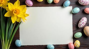 Yellow daffodils and colorful Easter eggs surround blank vintage paper on dark wooden surface, capturing spring and holiday celebration mood Space for text photo