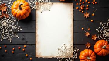 Halloween pumpkins, berries, and cobwebs arranged around aged paper on black wooden table, festive autumn holiday background concept Space for text photo