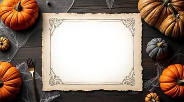 Aged blank parchment with decorative border lies on dark wood, surrounded by pumpkins, cutlery, and cobwebs, evoking autumn holiday Space for text photo