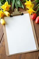 Blank clipboard with white sheet surrounded by yellow daffodils and red tulips on wooden table, symbolizing spring creativity or planning photo