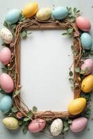 Colorful speckled Easter eggs and flowers decorating a wooden frame on light pastel background, representing spring celebration and joy photo